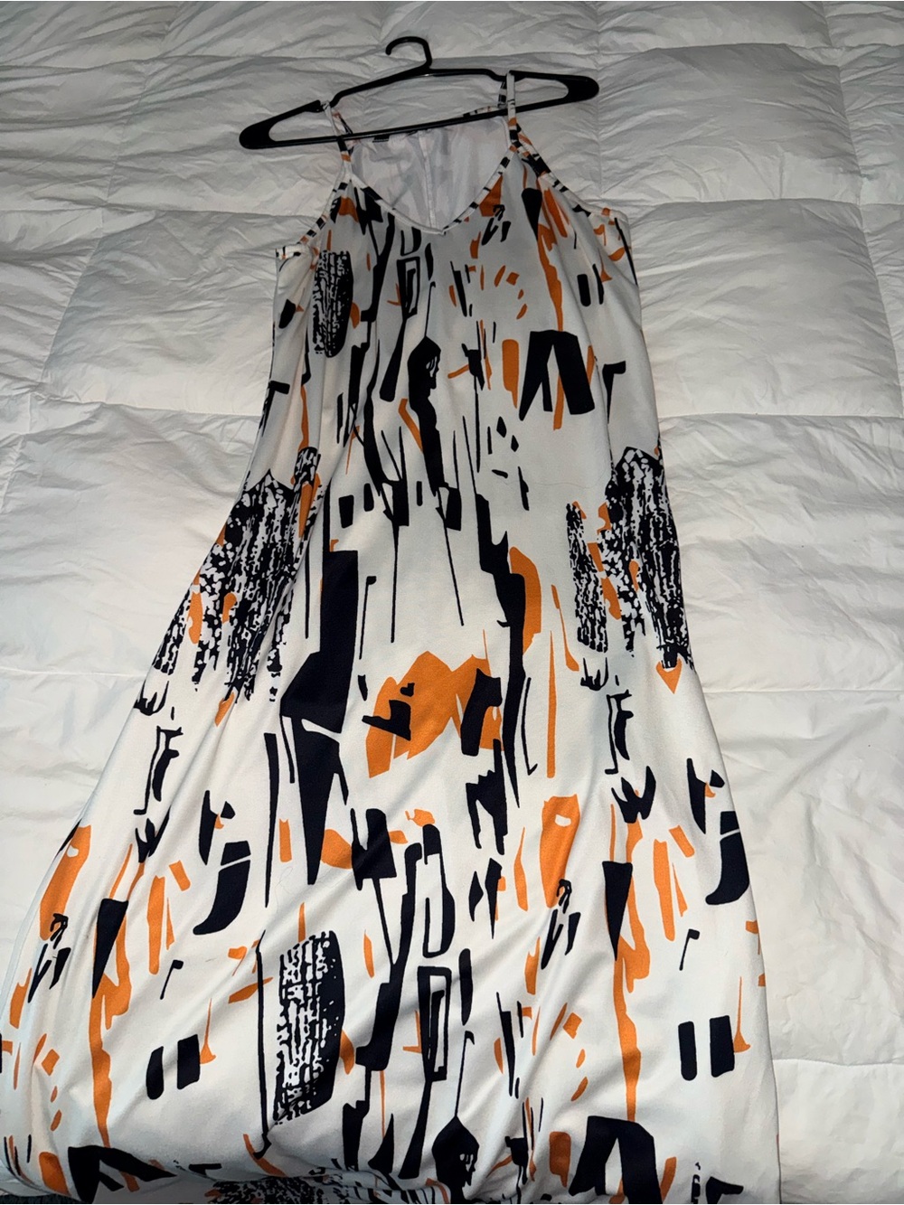SHEIN White Maxi Dress with Orange & Black Abstract Print